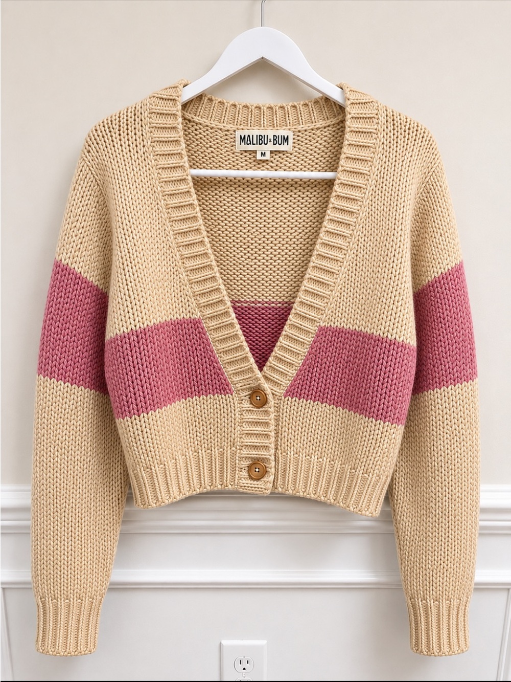 Malibu Cream and Pink Oversized V-Neck Cardigan